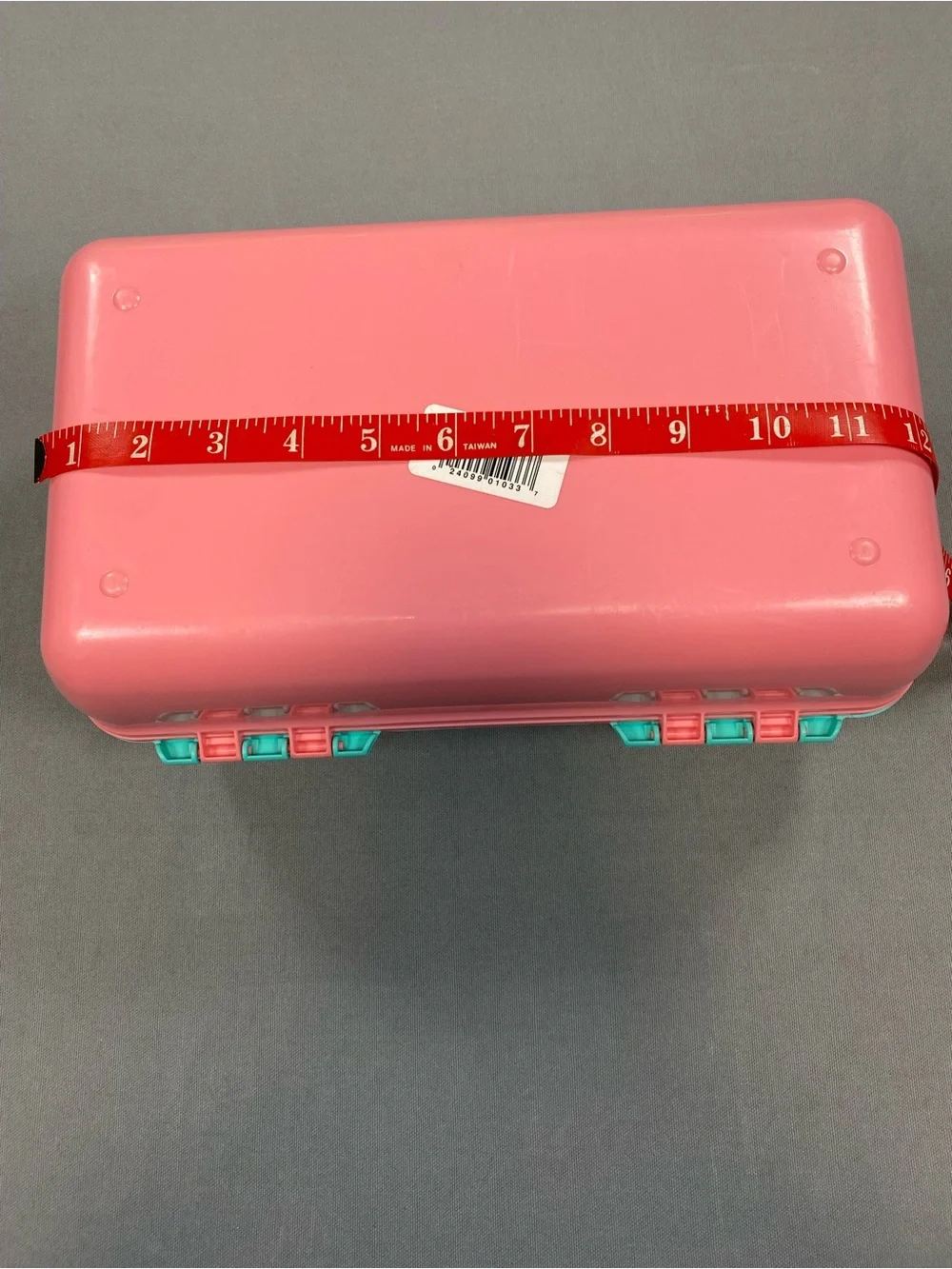 Vintage Caboodles Pink and Teal Makeup Case with Purple handle.